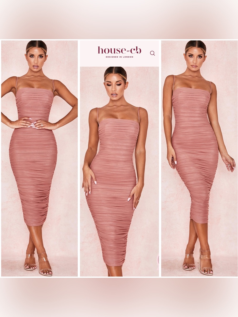 House of CB Sirene Ruched Midi Dress in Pink S NWOT